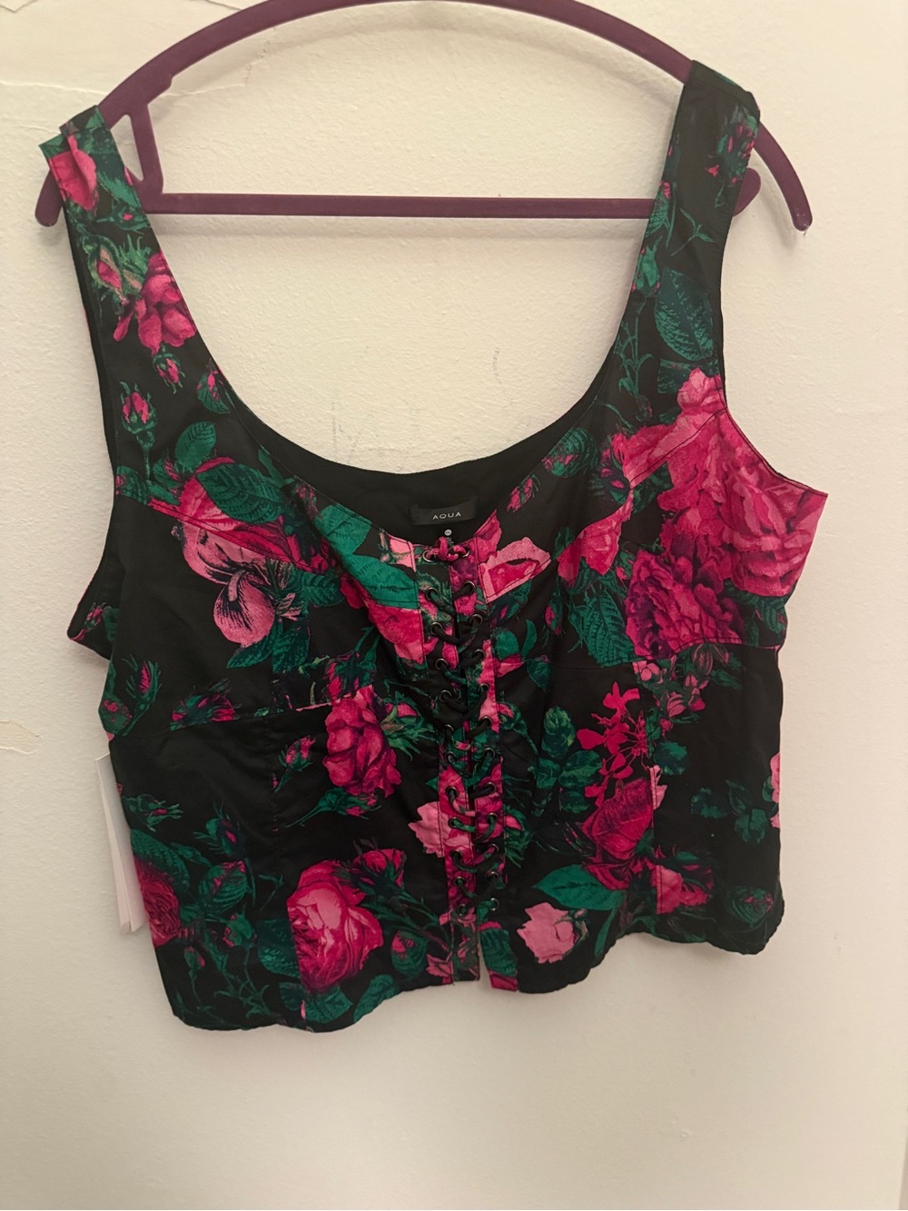 Aqua Black Floral Lace-Up Crop Top - Pink & Green